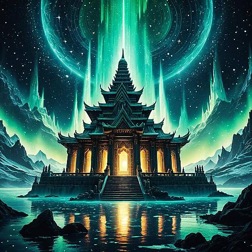 Celestial Floating Temple with Radiant Auroras