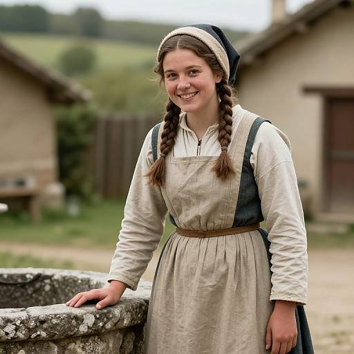 Photograph of a smiling young woman with braided brown hair, wearing a white blouse and beige apron over a dark dress, standing by a stone