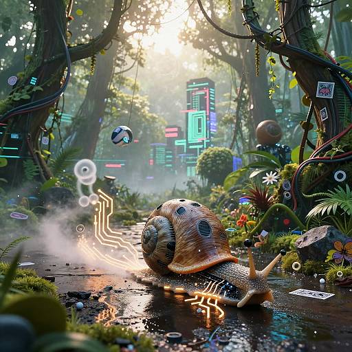 Digital art: Glowing, futuristic forest with neon signs, a robotic snail-like creature on a mossy, reflective stream, surrounded by glowing symbols