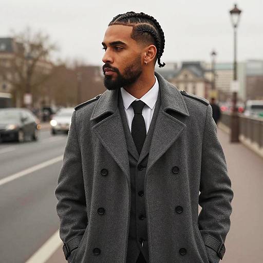 Photograph of a Black man with braided hair, beard, wearing a grey double-breasted coat, black tie, white shirt, standing on a