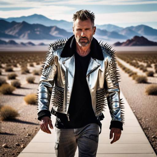 Man in Spiked Leather Jacket Walking in Desert
