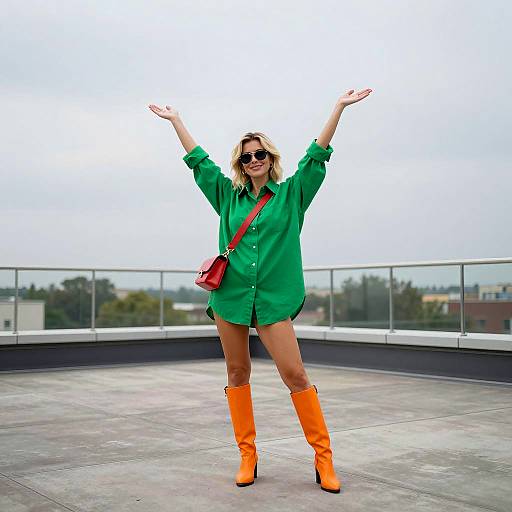 Woman in Green Shirt and Orange Boots on Rooftop