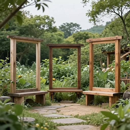 Photograph of three wooden, empty picture frames arranged in a garden, surrounded by lush greenery and tall flowers, with a stone path in the foreground