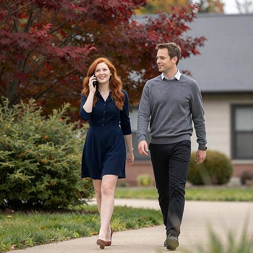 Photograph of a smiling red-haired woman in a black dress and gray-sweatered man walking on a suburban path with red-leaved trees in