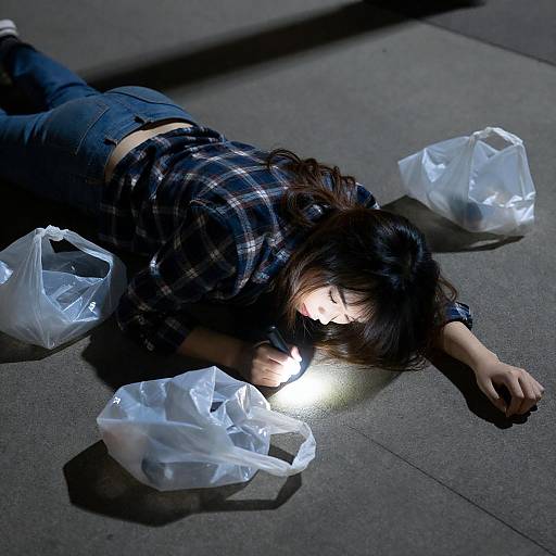 Person Lying on Sidewalk with Flashlight