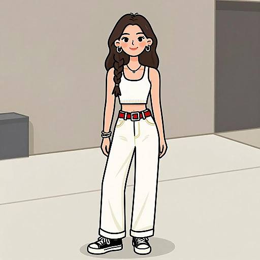 Digital drawing of a smiling young woman with long brown hair, wearing a white crop top, high-waisted white pants, black sneakers, and red