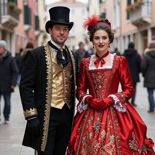 Photograph of a man in a black top hat and gold-trimmed black coat, and a woman in a red, ornate dress with white