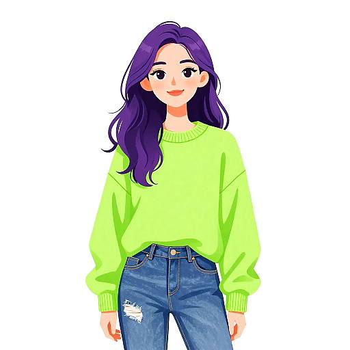 Digital illustration of a smiling young woman with long purple hair, wearing a neon green sweater and blue ripped jeans, against a white background.