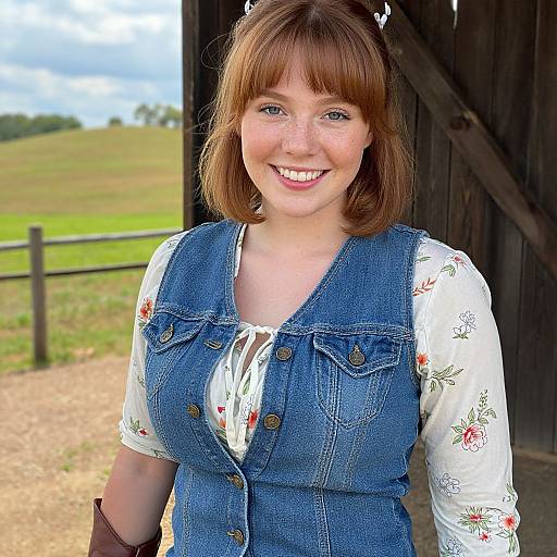 Photograph of a smiling, fair-skinned woman with red-brown bob hair, wearing a denim vest over a white floral blouse, standing in front