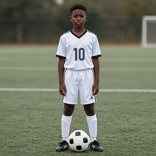 Photograph of a young Black boy standing on a soccer field, wearing a white jersey with 