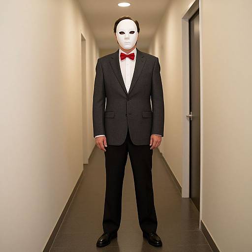 Photograph of a white-masked figure in a black suit, red bow tie, standing in a bright, empty hallway.