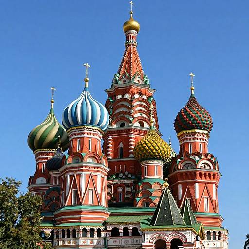 Photograph of Moscow's St. Basil's Cathedral with colorful, intricately designed onion domes in red, blue, green, and gold against a