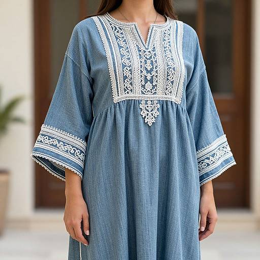 Photograph of a woman in a blue, long-sleeved, embroidered dress with white lace patterns on the chest and sleeves, standing in front of