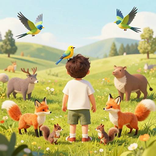 Child in Whimsical Animal Meadow