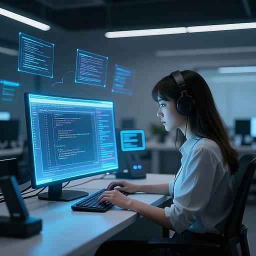 Photograph of a focused Asian woman with long brown hair, wearing headphones and a white shirt, working on glowing blue computer screens in a dimly lit