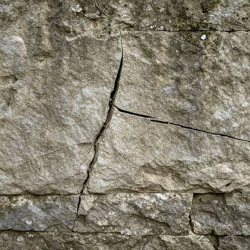 Close-up photograph of a rough, weathered, gray stone wall with multiple dark cracks and irregular textures, capturing natural wear and aging.
