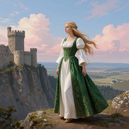 Digital painting of a blonde woman in a green and white medieval gown, standing on a rocky cliff with a castle in the background under a bright blue sky