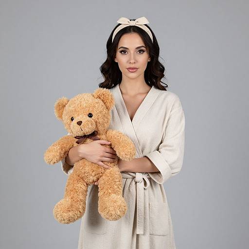 Photograph of a woman with dark curly hair, wearing a white robe and headband, holding a beige teddy bear against a light blue background.