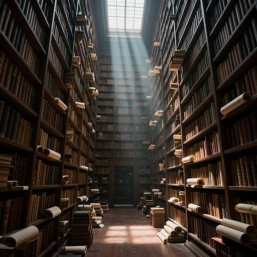 Photograph of a dimly lit, tall library with sunlight streaming through a skylight, illuminating rows of bookshelves filled with books and