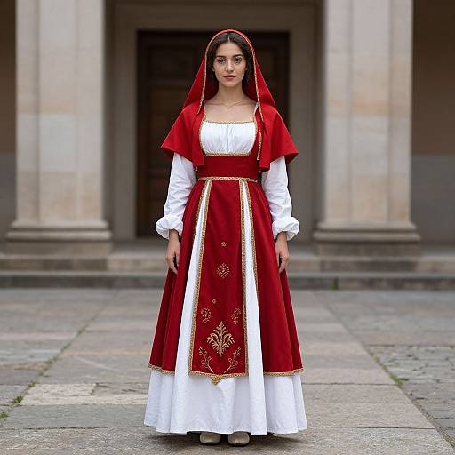 Photograph of a young woman with dark hair, wearing a red medieval-style dress with white blouse, gold embroidery, and a red veil, standing in