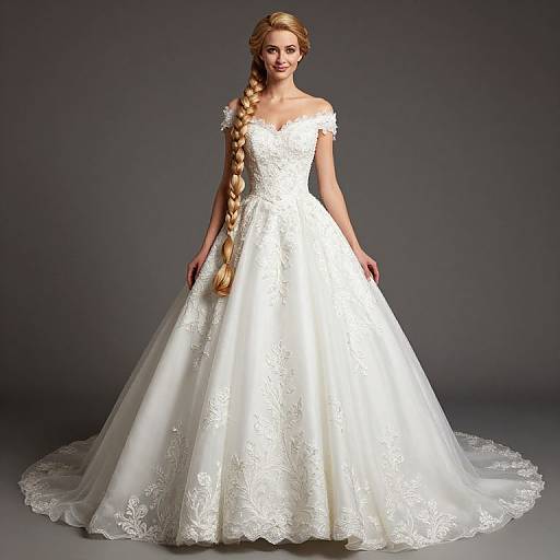 Photograph of a blonde woman with a long braid, wearing a white lace off-shoulder wedding gown with a full skirt, standing against a