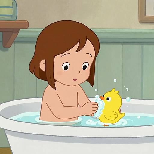 Cartoon-style image of a brown-haired, nude child in a white bathtub playing with a yellow rubber duck, with a green-paneled background.
