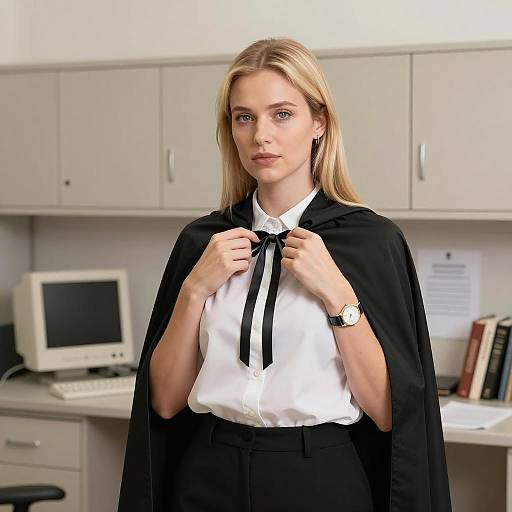 Blonde Woman in Black Cape Adjusting Ribbon in Office