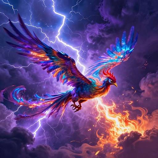 Digital art of a vibrant, phoenix-like bird with multicolored feathers flying amidst lightning and fire against a stormy, purple sky.