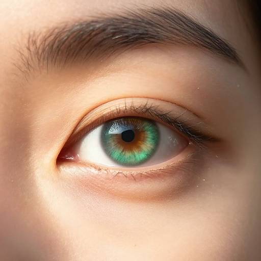 Close-up photograph of a light-skinned person's vibrant green and brown iris, with a dark, well-groomed eyebrow and subtle eyelashes.