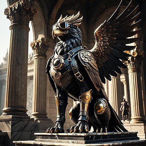 Steampunk Bronze Griffin Statue in Marble Temple