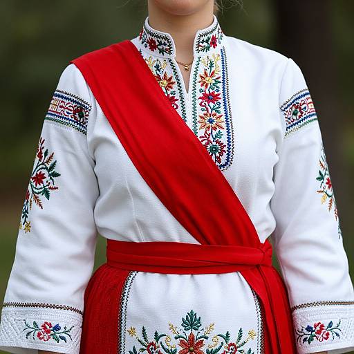 Photograph of a person wearing a white traditional embroidered blouse with red sash and matching red skirt, floral patterns, standing outdoors.