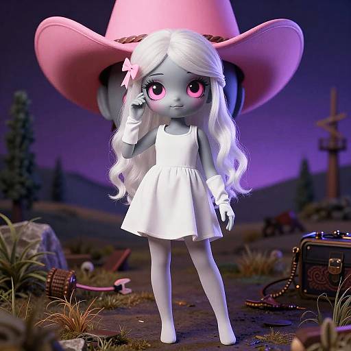 CGI doll with pale blue skin, long white hair, pink eyes, white dress, large pink hat, standing in a twilight forest.