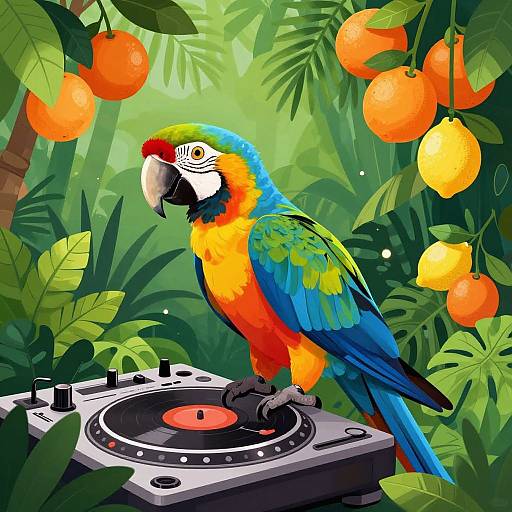 Colorful Parrot DJ in Tropical Jungle