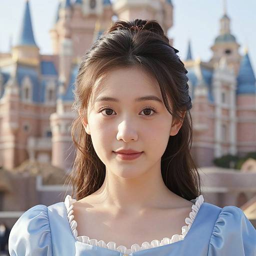 Photograph of an East Asian woman with fair skin, long dark brown hair, wearing a light blue dress with white trim, standing in front of a