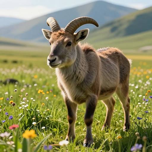 Photograph of a brown, bearded ibex with curved horns standing in a sunlit, colorful meadow of wildflowers, with green hills and
