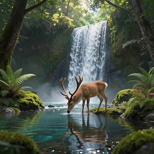 Photograph of a majestic deer with large antlers drinking from a reflective, moss-covered stream in a lush, misty forest, with a cascading