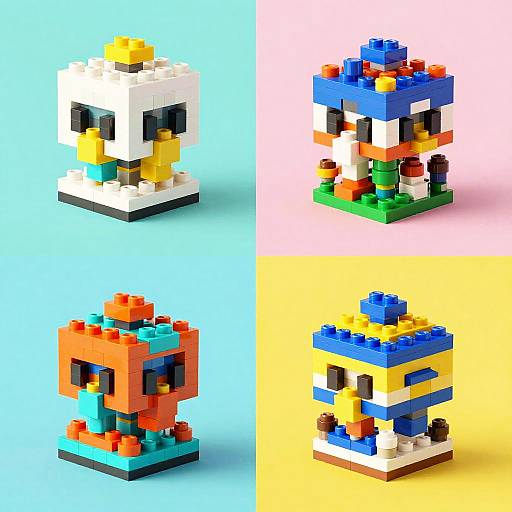 Photograph of four colorful LEGO-style block characters, each with distinct color schemes and shapes, on pastel background quadrants: blue, pink, yellow