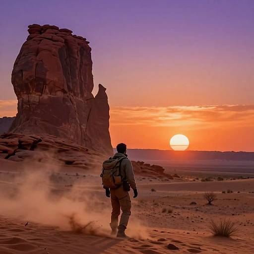 Photograph of a hiker with backpack, facing a vivid orange sunset over a towering rock formation in a desert landscape.