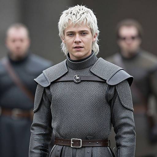 Photograph of a white-haired, fair-skinned man in medieval-style black chainmail armor, with two blurred figures in the background.