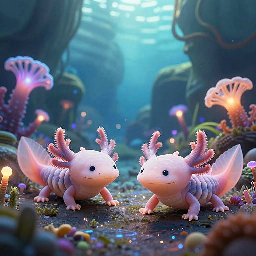 Digital artwork of two cute, pink, underwater creatures with spiky fins and glowing eyes, surrounded by bioluminescent plants and coral in a vibrant