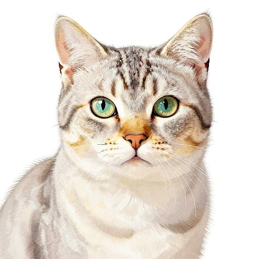 Close-up photograph of a tabby cat with bright green eyes, white and gray fur, orange nose, and attentive expression against a white background.