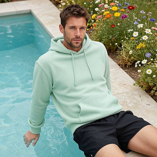 Photograph of a bearded man with short brown hair, wearing a light green hoodie and black shorts, sitting in a colorful garden pool.
