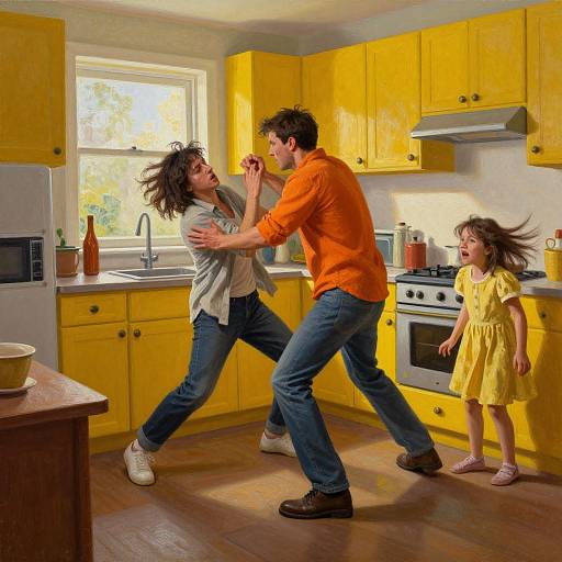 Photograph of a man in an orange shirt and blue jeans playfully wrestling a woman in a gray shirt and jeans in a bright yellow kitchen, with