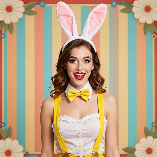 Photograph of a smiling woman with wavy brown hair, wearing white bunny ears, yellow bow tie, and yellow suspenders over a white corset
