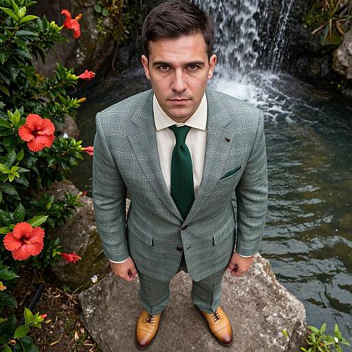 Photograph of a handsome man in a green check suit, white shirt, green tie, and brown shoes, standing on a rock by a waterfall,