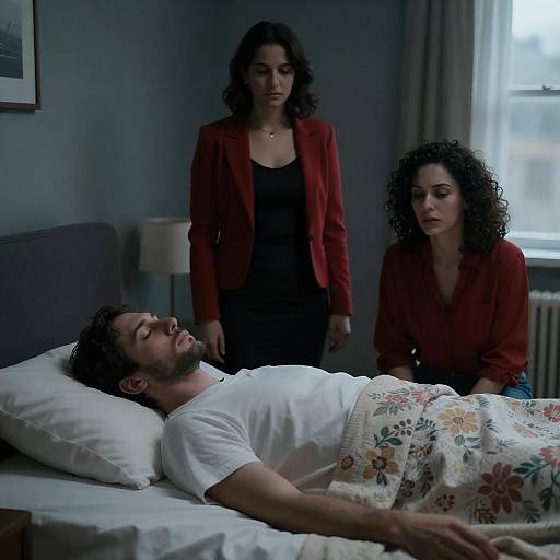 Two Women Watching Over Man in Bed