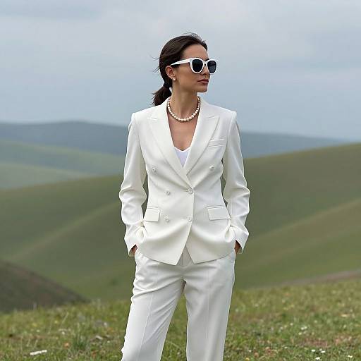 Photograph of a confident woman in a white suit, pearl necklace, and white sunglasses, standing in a lush, green hillside landscape.