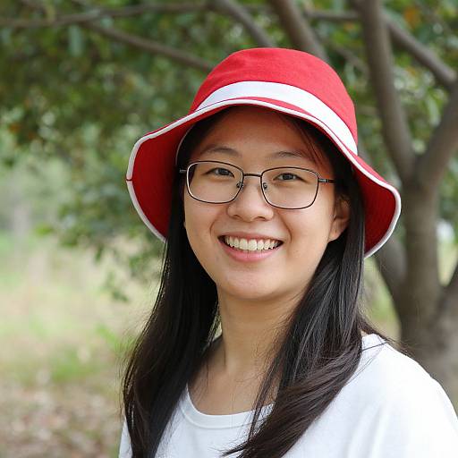 Photograph of a smiling Asian woman with glasses, black hair, wearing a red and white bucket hat and white shirt, standing outdoors with a blurred green