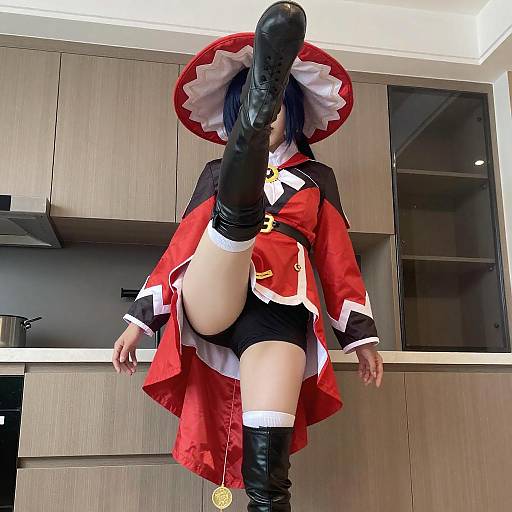 Dynamic Cosplay Pose in Modern Kitchen