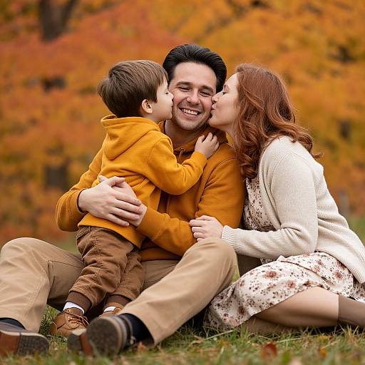 Photograph of a smiling man in a yellow hoodie, brown pants, sitting with a red-haired woman in a white sweater, and a brown-haired boy